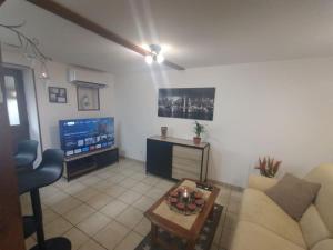 un salon avec un canapé et une télévision dans l'établissement Petite maison de village, à Chamouilley