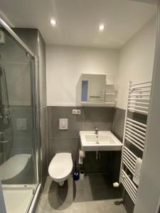 ein Badezimmer mit Toilette, Waschbecken und Dusche in der Unterkunft OWL Comfort Homes - Porta Westfalica in Porta Westfalica