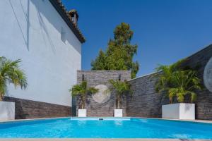 ベヘール・デ・ラ・フロンテーラにあるApartamento Dialmaの壁の前にヤシの木があるプール