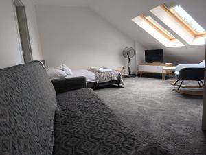 a living room with a couch and a bed at Willa Przystań in Jastarnia