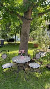 PöttelsdorfCharmantes Cottage Appartement的树旁的一张桌子和两把椅子