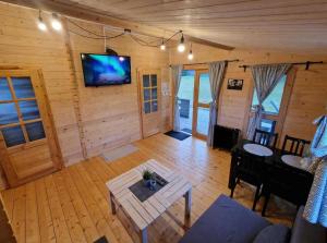 een woonkamer met een tv aan een houten muur bij Domki Gajewo 2 in Gajewo