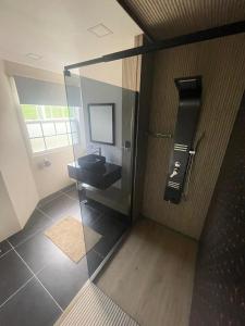 a bathroom with a black sink and a mirror at Scarlett Studios 3-US Embassy 7 mins drive- Lloyd Erskine Sandiford Centre & Ross university 5 mins drive-Only a 1 night reservation includes airport and embassy round trip in Bridgetown
