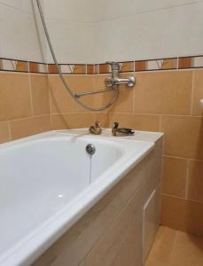 a bathroom with a bath tub and a sink at Затишна Квартира в центрі міста in Luts'k