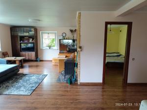 a living room with a stove in the middle of a room at Nr.42 in Palanga +8 photos