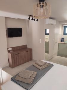 een woonkamer met twee handdoeken en een televisie bij Kiani Akti Suites 2 in Preveza