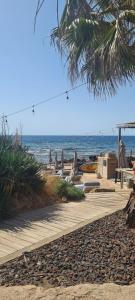 a beach with chairs and the ocean in the background at 2 pièces en rez- de -jardin in Saint-Raphaël