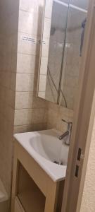 a bathroom with a white sink and a mirror at 2 pièces en rez- de -jardin in Saint-Raphaël