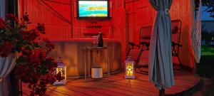 a room with a tv and some lights in it at Casa La Primavera in SantʼAlbano Stura