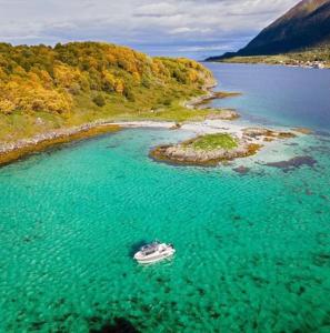 a boat in the water next to a small island at 2 etasje leilighet med 2 soverom in Harstad +7 photos