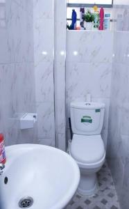 a white bathroom with a toilet and a sink at Furnished 1BR Embakasi by LaMeg in Nairobi