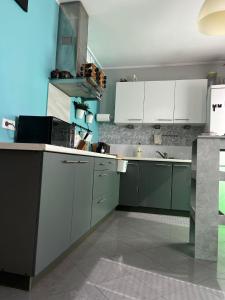 eine Küche mit grünen Schränken und weißen Geräten in der Unterkunft Apartament u Buni in Breslau