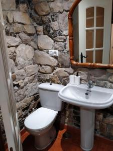 a stone bathroom with a toilet and a sink at los soldaos casa rural in Las Rozas