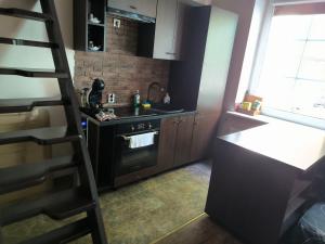 een keuken met een fornuis bovenste oven naast een ladder bij Old Wine House in Klaipėda +6 foto's