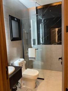 a bathroom with a shower and a toilet and a sink at The N&N Appt in Al Madinah +22 photos