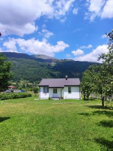 a white house in a field with mountains in the background at Kosta's White House in Plav
