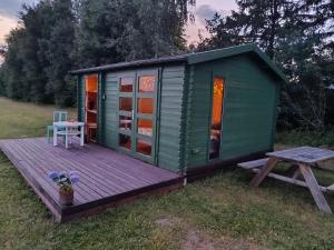 a green cabin with a wooden deck and a picnic table at Rigaderi puhkemaja in Papsaare