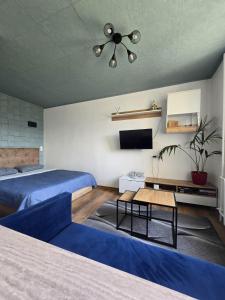 a bedroom with a blue bed and a ceiling fan at R&J Apartment II in Panevėžys