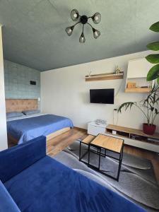 a bedroom with a bed and a couch and a ceiling fan at R&J Apartment II in Panevėžys