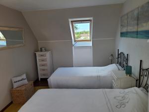 une chambre avec deux lits et une fenêtre dans l'établissement Villa " Rosina ", à Fort-Mahon-Plage