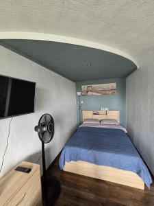 a bedroom with a bed and a flat screen tv at R&J Apartment I in Panevėžys