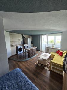 a living room with a couch and a kitchen at R&J Apartment I in Panevėžys