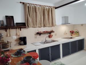 a kitchen with a sink and a table at Charmant coin sur Durand in Saint-Joseph