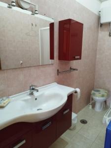 a bathroom with a sink and a mirror and a toilet at Appartamento a primo piano con una stanza in Agnone