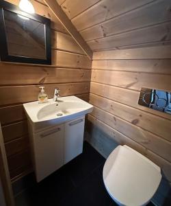 a bathroom with a white sink and a toilet at Myrkdalen Lodge II, luxury family cabin in Helgatun