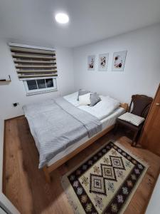 ein Schlafzimmer mit einem Bett, einem Stuhl und einem Teppich in der Unterkunft ZEMAN Old Town Apartment in Sarajevo
