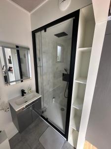 a bathroom with a sink and a shower at Cottage bungalow le St Vel' in Velennes +14 photos