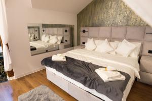 a bedroom with a large bed and a mirror at Turmhaus Hermannstadt in Sibiu +28 photos