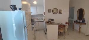 a kitchen with a refrigerator and a table with chairs at White Beach Appartment in Yerakiní