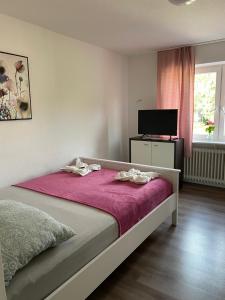 a bedroom with a bed with pink sheets and a tv at Landgasthaus Sankt Annen in Sankt Annen