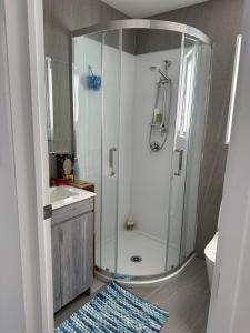 un baño con ducha y lavabo en George townhouse, en Auckland