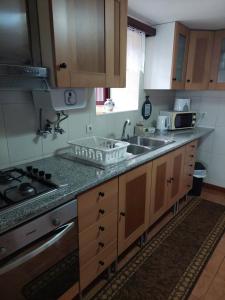 een keuken met een spoelbak en een aanrechtblad bij SERRADO Da EIRA in Lajes das Flores