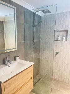 a bathroom with a shower with a sink and a mirror at Country Charmer On Albert in The Range