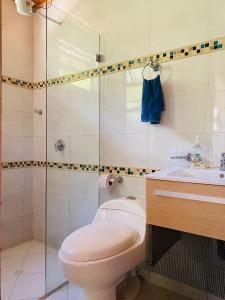 a bathroom with a toilet and a glass shower at Casa Quinta privada con piscina soleada Billar, Tejo, Jacuzzy climatizado, kiosco in La Vega