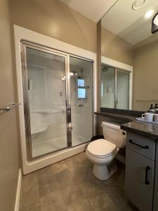 a bathroom with a toilet and a glass shower at Zp Home in Richmond