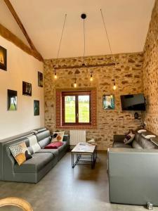 a living room with two couches and a tv at Gîte à La Ferme de l'Oasis in Saint-Marcel-de-Félines