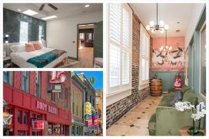 un collage de fotos de un dormitorio y un hotel en 2 Chic Lofts right ON Broadway Strip Sleeps 10, en Nashville