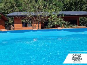 a swimming pool with blue water in front of a house at Wola Wielka - Domki Wygoda Nr2 in Narol
