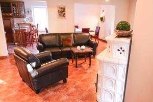 a living room with a leather couch and a table at Laguna Resort in Budzisław +15 photos