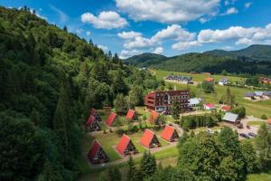 an aerial view of a village in the mountains at Perełka Bieszczady Domki in Cisna