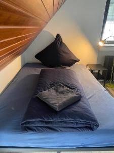a bed with two pillows on it in a room at Gemütliches Gästezimmer im Casa Kirchweg in Gladbach
