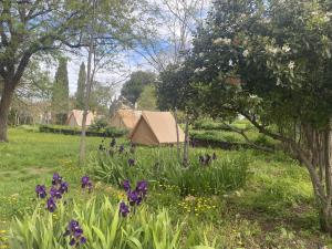 a tent in a field with flowers and trees at Auberge de Jeunesse HI Marseille Bois-Luzy in Marseille