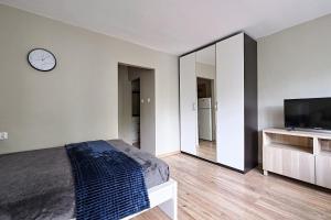 a bedroom with a bed and a large mirror at UrbanNest - Cozy studio - Bagno 7 in Warsaw