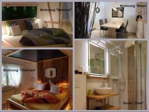 een collage van vier foto's van een slaapkamer en een badkamer bij Silberblick Ferienwohnungen - aussergewöhnlich & familienfreundlich in Grächen
