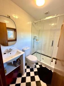 a bathroom with a shower and a toilet and a sink at Casa da Ribeira - Arouca in Lázaro