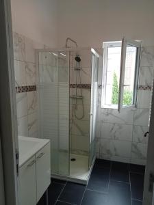a bathroom with a shower and a sink and a window at WIFI- STADE DE FRANCE- BASILIQUE CATHEDRALE MONSEJOURASAINTDENIS in Saint-Denis